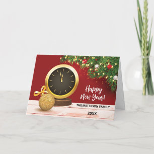 New Year From Clock Evergreen Branches Card