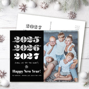 New Year Funny 3rd Time a Charm Black White Photo Holiday Postcard
