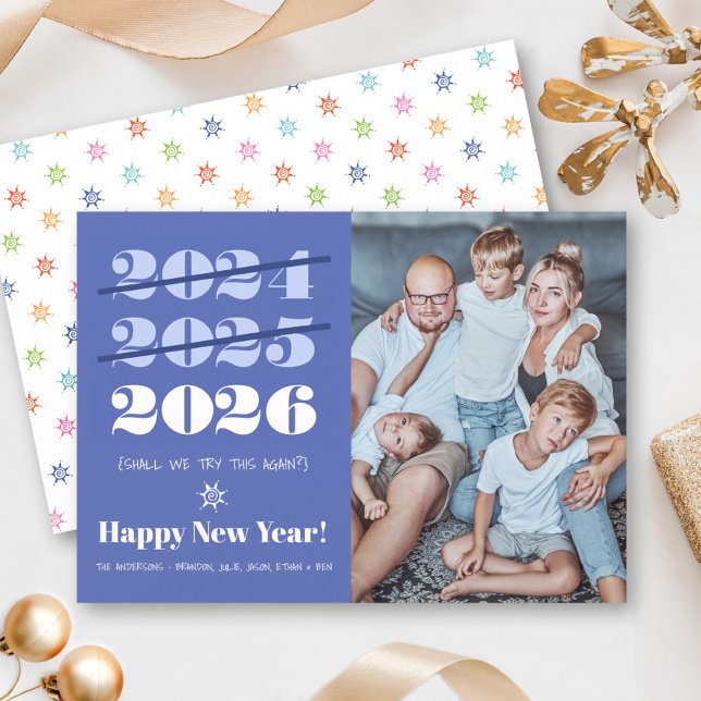 New Year Funny 3rd Time a Charm Modern Blue Photo  Holiday Card (Creator Uploaded)