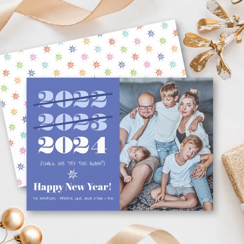 New Year Funny 3rd Time a Charm Modern Blue Photo  Holiday Card