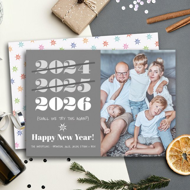New Year Funny 3rd Time a Charm Modern Gray Photo  Holiday Card (Creator Uploaded)