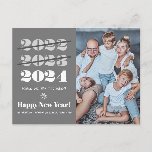 New Year Funny 3rd Time a Charm Modern Gray Photo Holiday Postcard