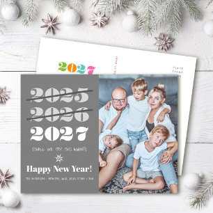New Year Funny 3rd Time a Charm Modern Gray Photo Holiday Postcard