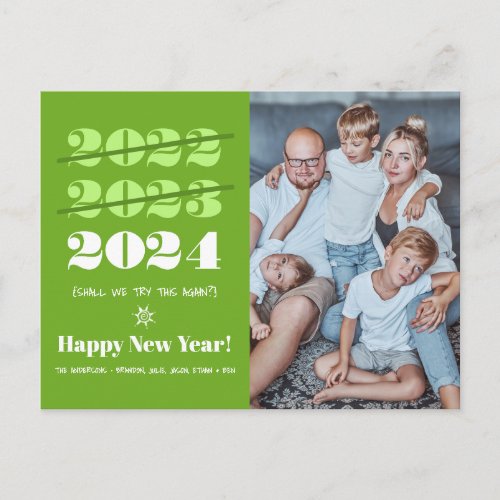 New Year Funny 3rd Time a Charm Modern Green Photo Holiday Postcard