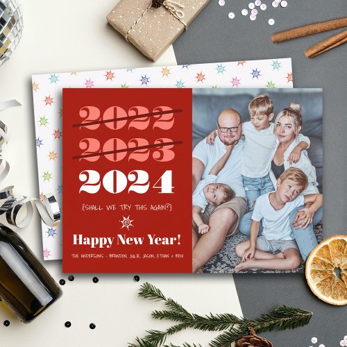 New Year Funny 3rd Time a Charm Modern Red Photo  Holiday Card