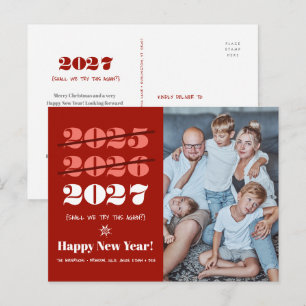 New Year Funny 3rd Time a Charm Modern Red Photo Holiday Postcard