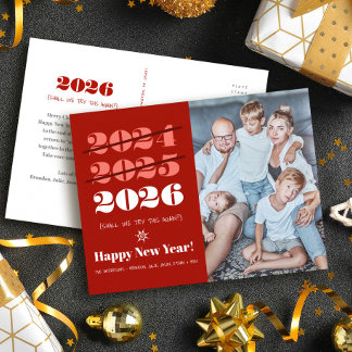 New Year Funny 3rd Time a Charm Modern Red Photo Holiday Postcard