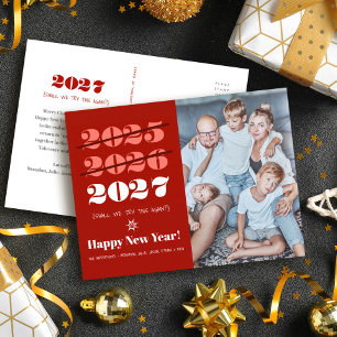 New Year Funny 3rd Time a Charm Modern Red Photo Holiday Postcard