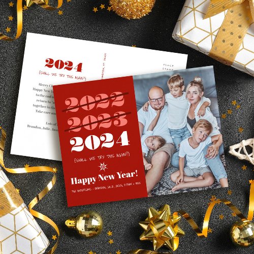 New Year Funny 3rd Time a Charm Modern Red Photo Holiday Postcard