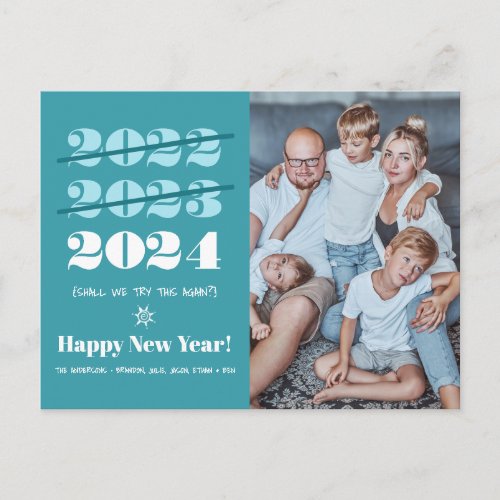 New Year Funny 3rd Time a Charm Modern Teal Photo Holiday Postcard
