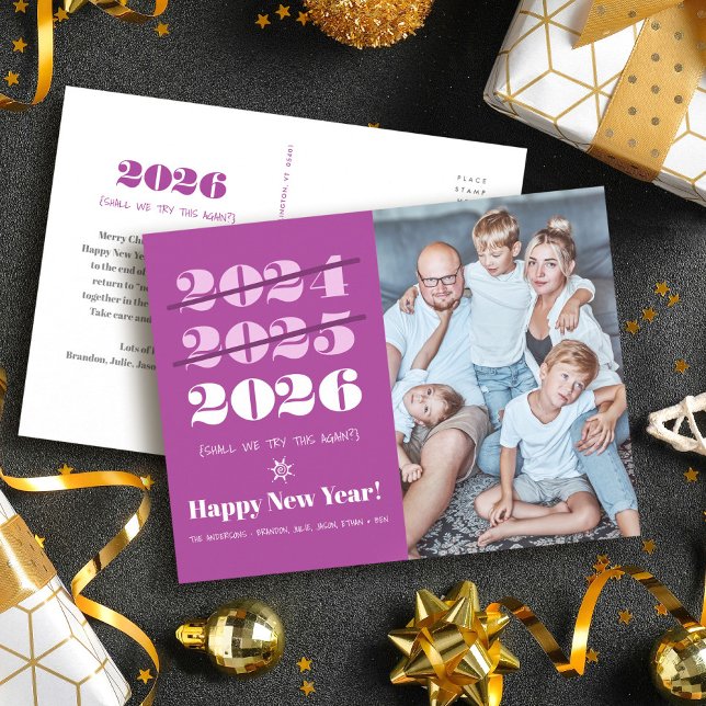 New Year Funny 3rd Time Charm Modern Purple Photo Holiday Postcard (Creator Uploaded)
