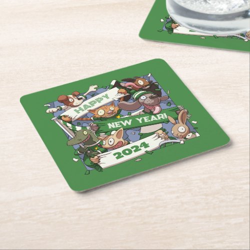 New Year Funny Animal Sports Fans Scarf Cartoon Square Paper Coaster