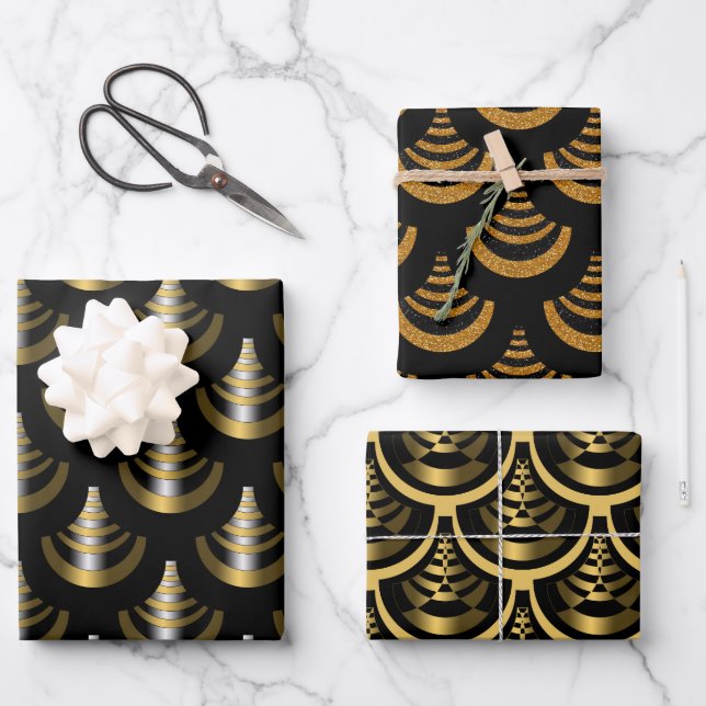 New Year Gold & Black Art Deco Style Wrapping Paper Sheets (Front)