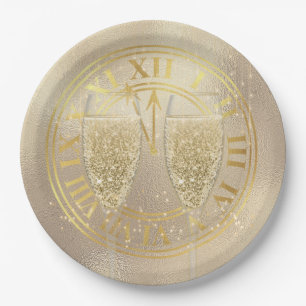 New Year Gold Champagne Glasses on Clock Paper Plates