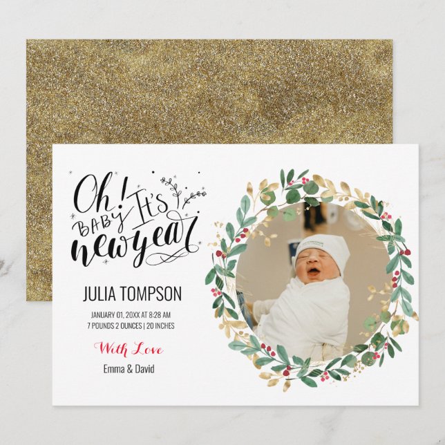 New Year Gold Floral Green Baby Birth Announcement (Front/Back)