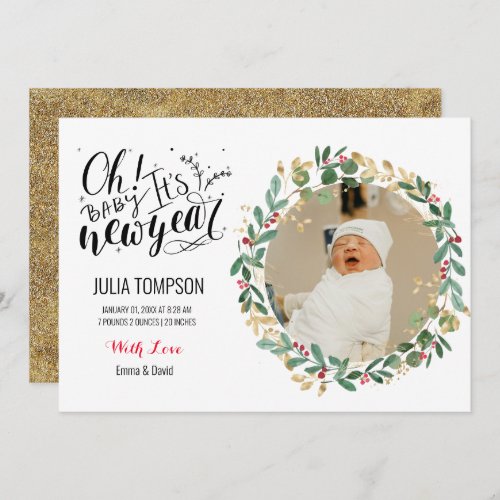 New Year Gold Floral Green Baby Birth Announcement
