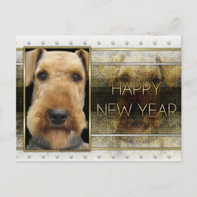 New Year - Golden Elegance - Airedale Holiday Postcard (Front)