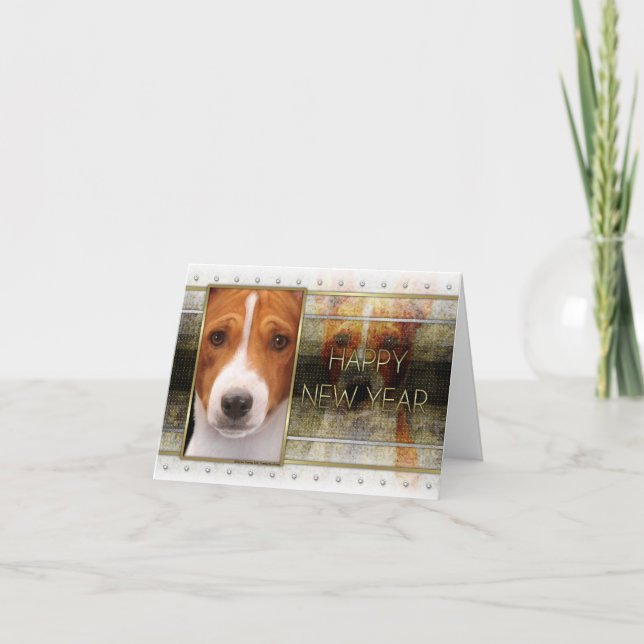 New Year - Golden Elegance - Basenji Holiday Card (Front)
