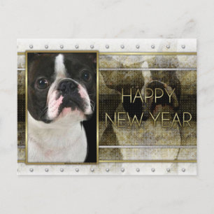 New Year - Golden Elegance - Boston Terrier Holiday Postcard