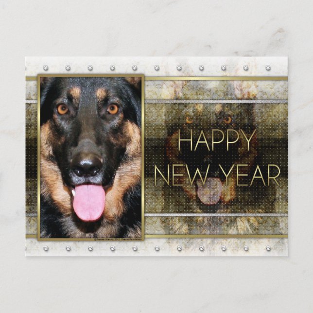 New Year - Golden Elegance - German Shepherd Kuno Holiday Postcard (Front)