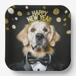 New Year Golden Retriever In a Tuxedo Paper Plates