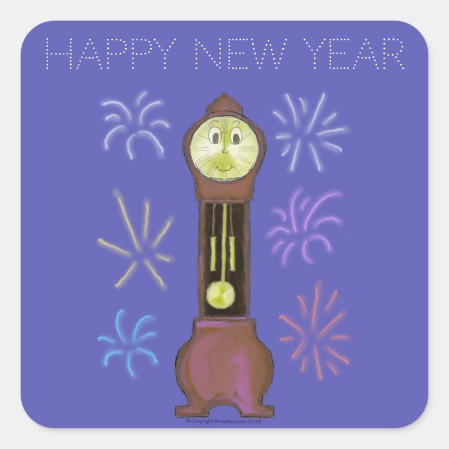 New Year Grandfather Clock with Fireworks Square Sticker (Front)