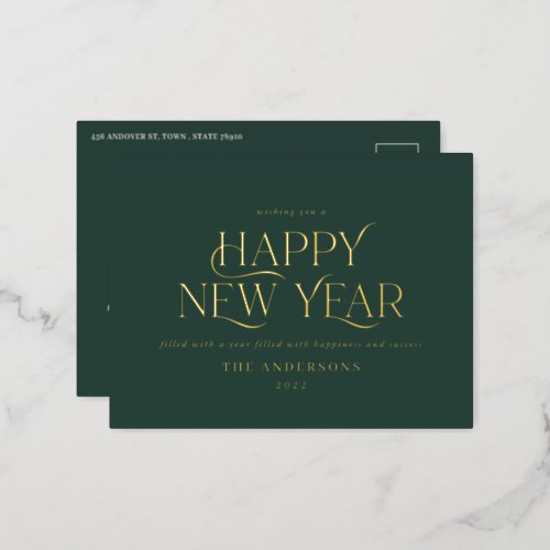 New year green elegant minimal modern traditional foil holiday postcard