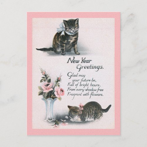 NEW YEAR GREETINGS cats  flowers Postcard