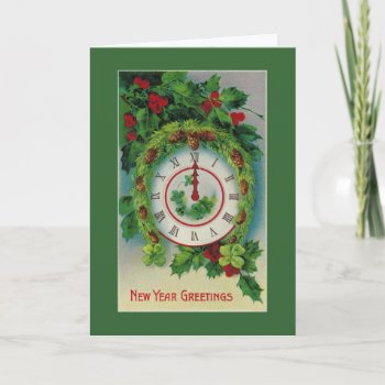 New Year Greetings With 4-leaf Clover & Pine Bough Holiday Card by GoodThingsByGorge at Zazzle