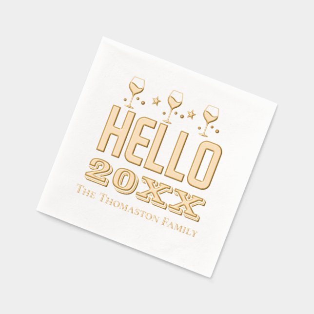 New Year Hello 20xx Wine Glasses Family Name Foil Napkins (Left)