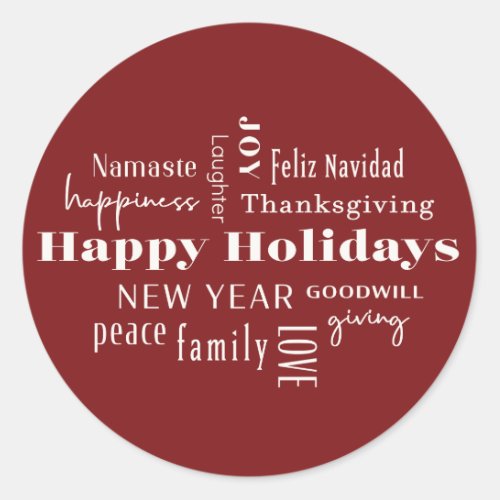 New Year Holiday Many Greetings Burgundy Classic Round Sticker