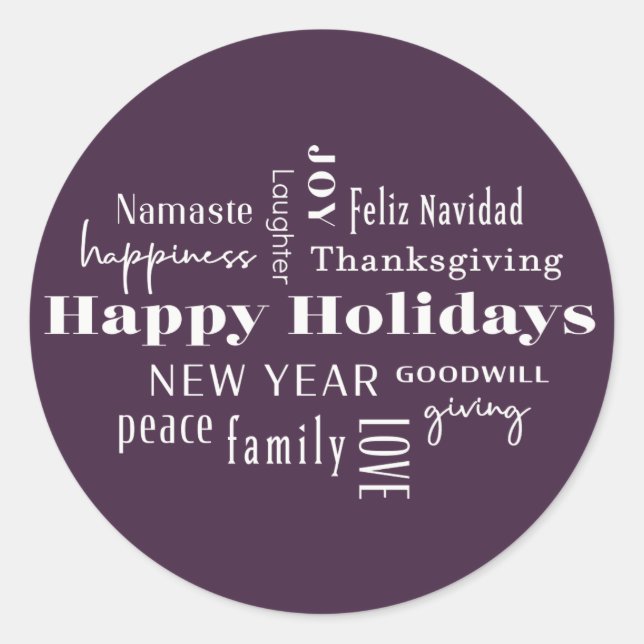 New Year Holiday Many Greetings Eggplant Classic Round Sticker (Front)