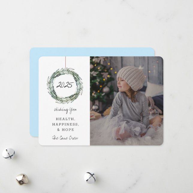 New Year Holiday Photo Card Floral Wreath Blue (Front/Back In Situ)