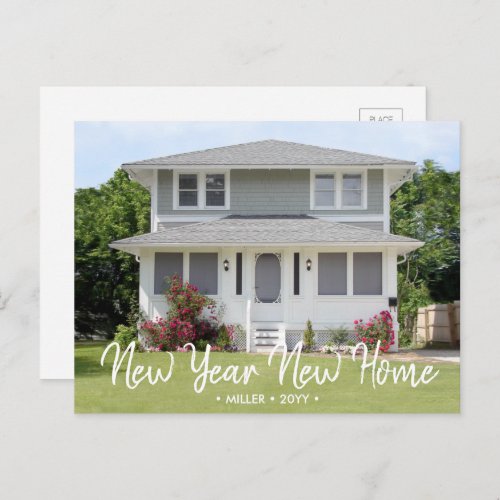 New Year Home Photo Change of Address Holiday Announcement Postcard - Share the joyful news of moving your new address with this elegant New Years postcard. New Year New Home. All text is simple to customize.  Design features your custom photo and stylish hand written style script typography.  This change of address holiday card is a modern and chic way to introduce friends and family to your new home. Happy New Year!