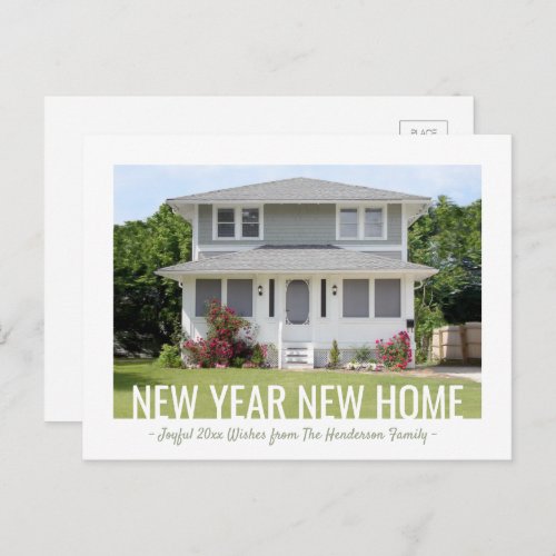 New Year Home Photo Change of Address Holiday Announcement Postcard - Share the joyful news of moving to your new home with this elegant New Years photo change of address announcement postcard. All text is simple to customize.  Design features your picture and chic modern minimalist typography.  This new address holiday card is a stylish way to introduce friends and family to your new home. Happy New Year!