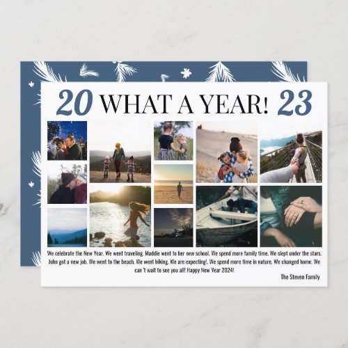 New Year in review 12 photos collage grid blue Holiday Card