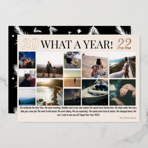 New Year in review 12 photos collage grid blush Foil Holiday Card