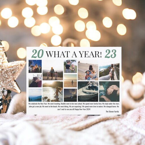 New Year in review 12 photos collage grid green Holiday Card