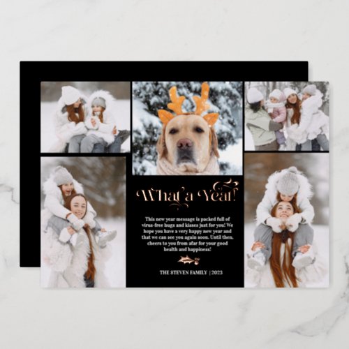 New Year in review 5 photo collage grid black Foil Holiday Card