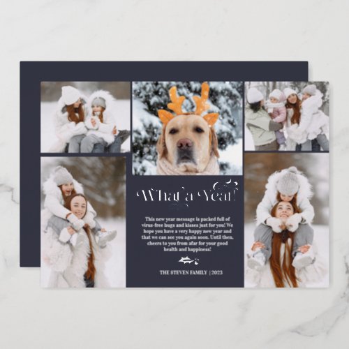 New Year in review 5 photo collage grid blue Foil Holiday Card