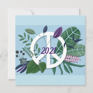 New Year Inspirational Peace Floral Blue Flat Holiday Card