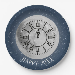 New Year Midnight Clock On Moon Paper Plates