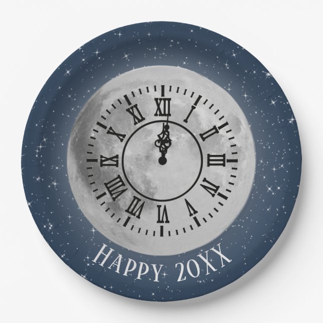 New Year Midnight Clock On Moon Paper Plates (Front)