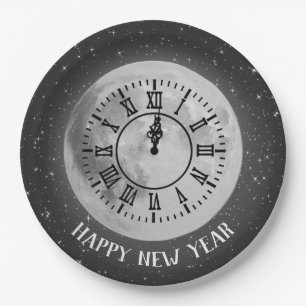 New Year Midnight Clock On Moon Paper Plates