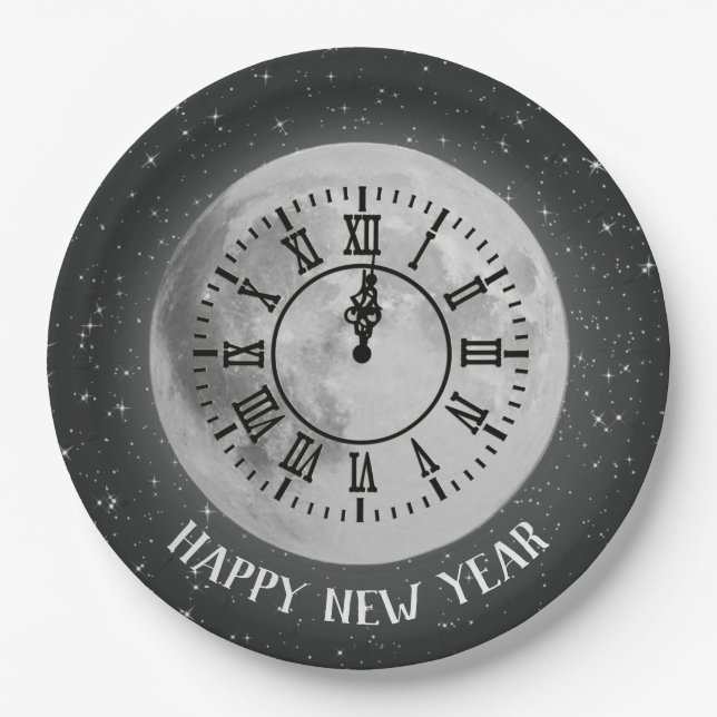 New Year Midnight Clock On Moon Paper Plates (Front)