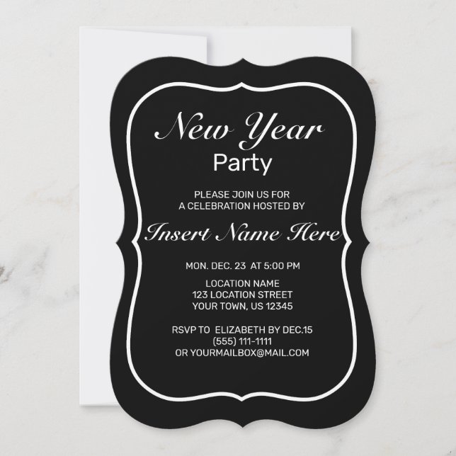 New Year Modern Minimalist Black White Invitation (Front)
