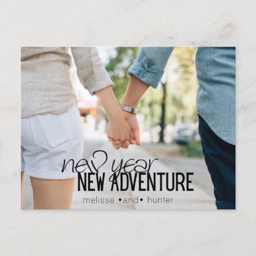 New Year New Adventure Black Typography Engagement Announcement Postcard