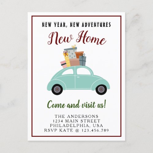 New Year New Adventure New Home Christmas Cyan Car Announcement Postcard