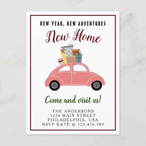 New Year New Adventure New Home Christmas Pink Car Announcement Postcard