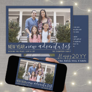 New Year New Adventures 2 Photo Navy Blue & Gold Holiday Card